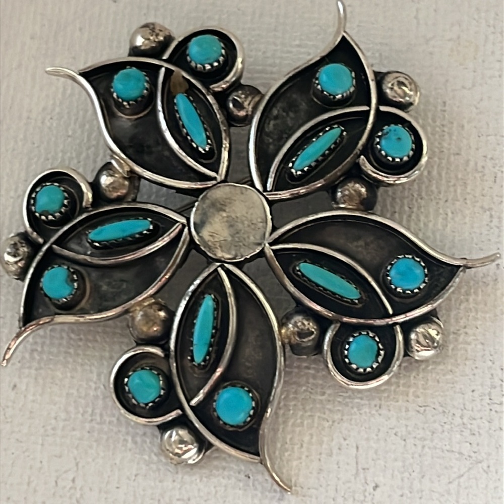 Vintage Signed Zuni Turquoise Silver Pin or Pendant - Rate Find!
